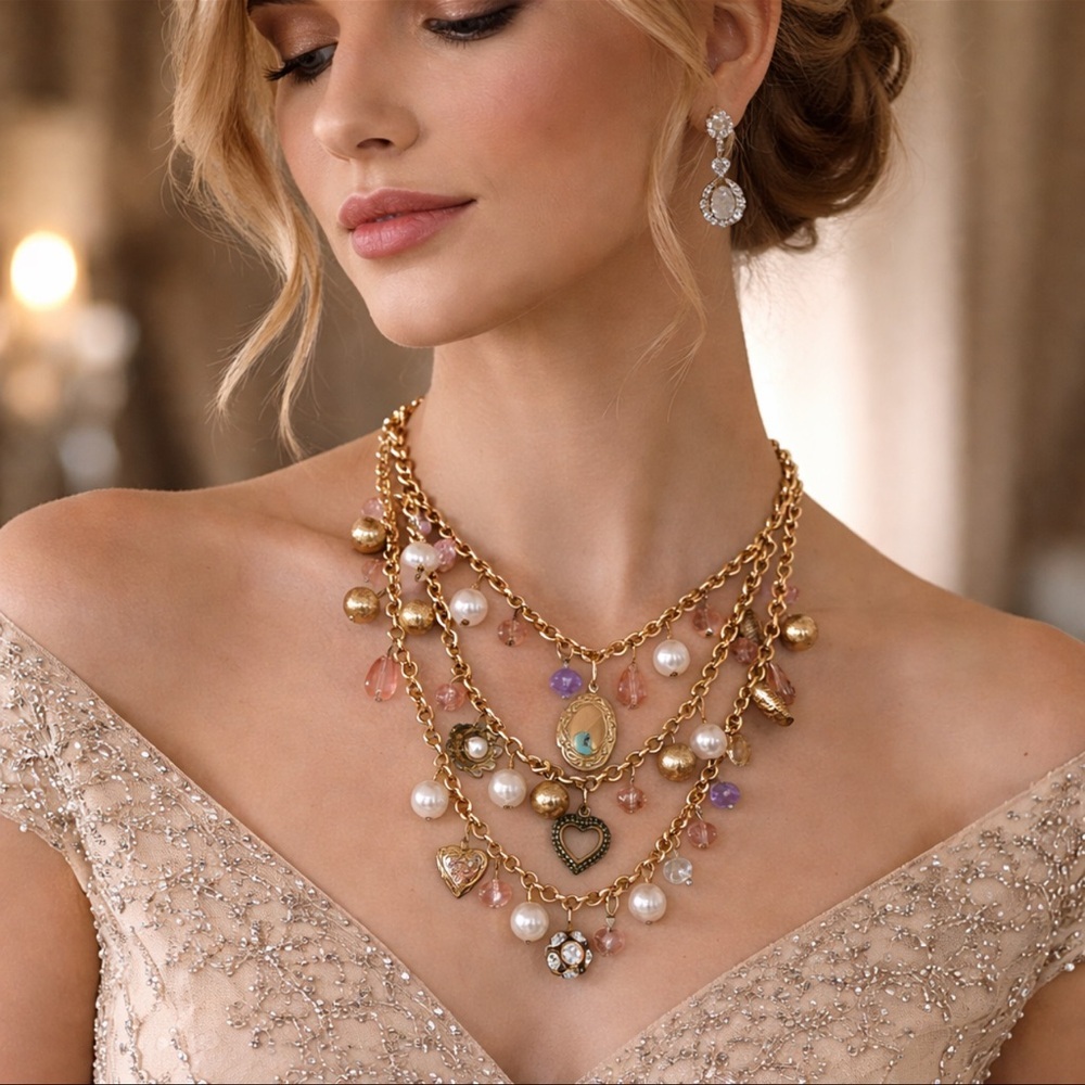 Vintage Gold-Tone Charm & Bead Necklace